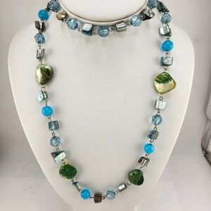 Bohemian Beaded Necklace Seashell Turquoise Blue Green Mother of Pearl